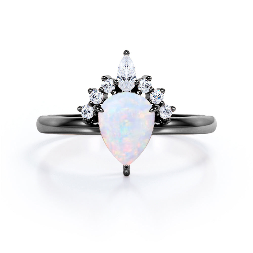 Antique Crown inspired 1.15 carat Pear cut Ethiopian Opal and diamond claw prong setting engagement ring in Rose gold