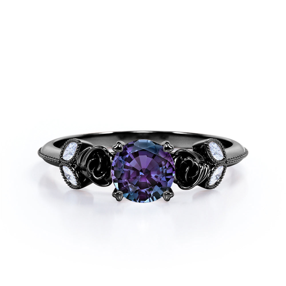 Vintage flowers 1.15 carat Round cut Lab created Alexandrite and diamond milgrain style engagement ring in White gold