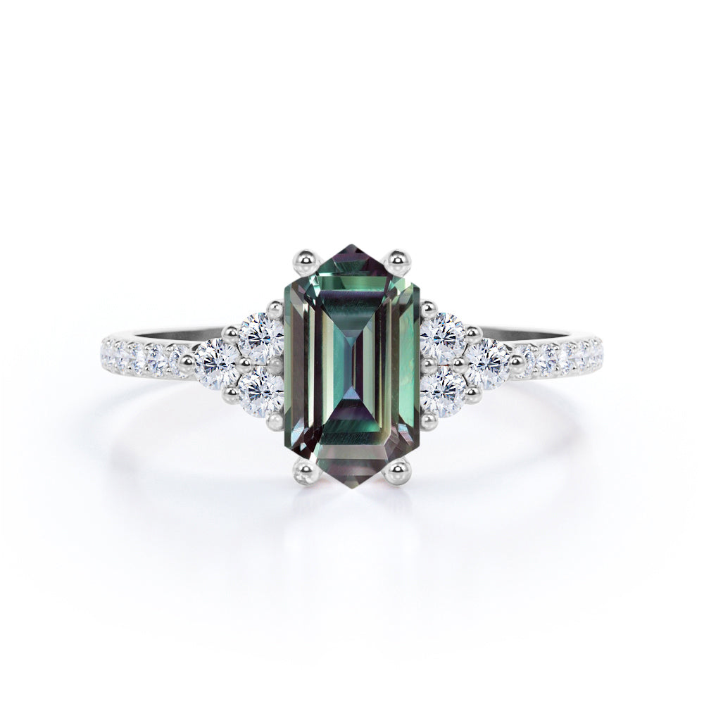Eternity Pave 1.5 carat Hexagon cut Alexandrite and diamond vintage inspired engagement ring in Rose gold