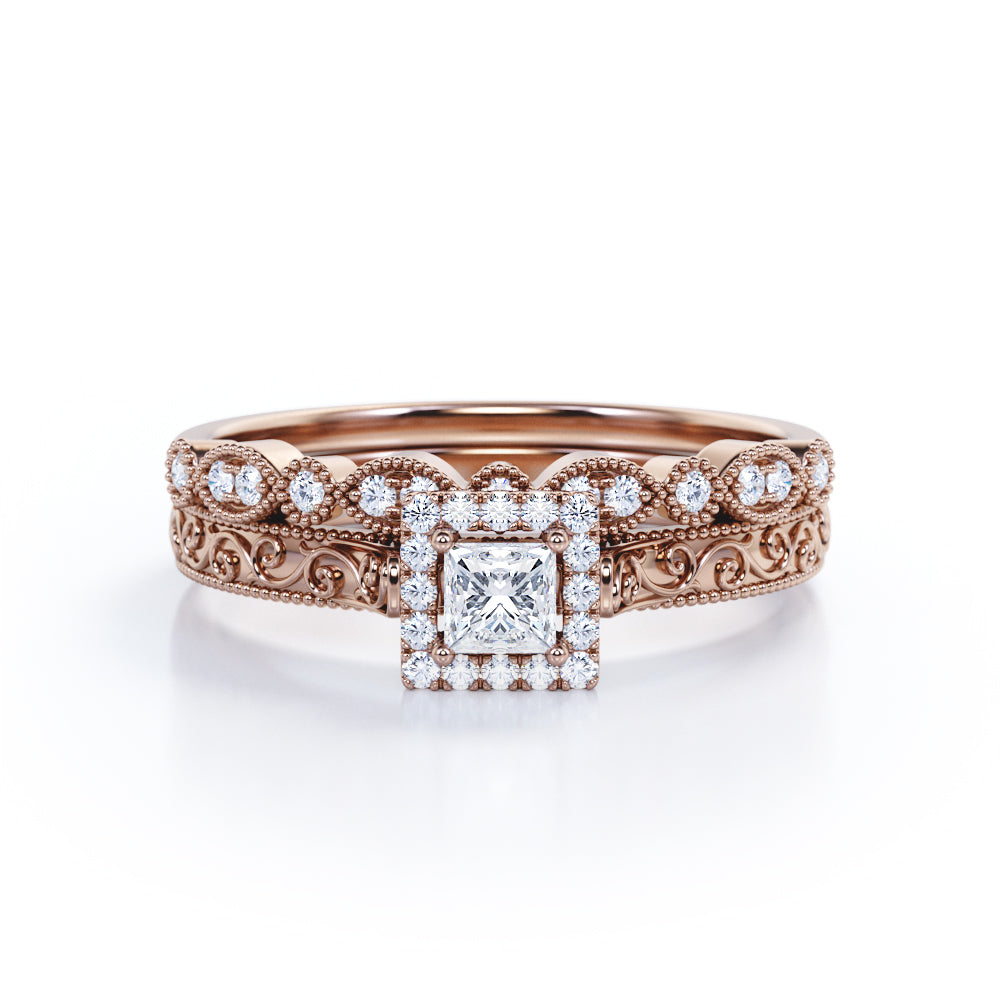 Filigree and Milgrain 1 carat Princess cut Moissanite and diamond antique art deco Bridal set in White gold
