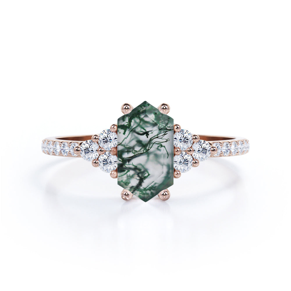 Modern Art deco 1.35 carat Hexagon cut Moss Green Agate and diamond pave setting engagement ring in White gold
