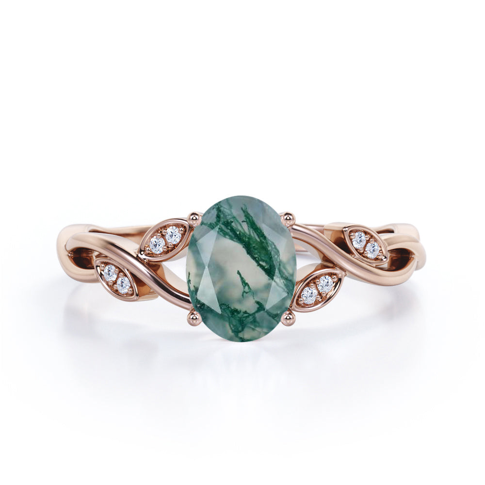 Floral Infinity 1.15 carat Oval cut Moss Green Agate and diamond vine and leaf engagement ring in White gold