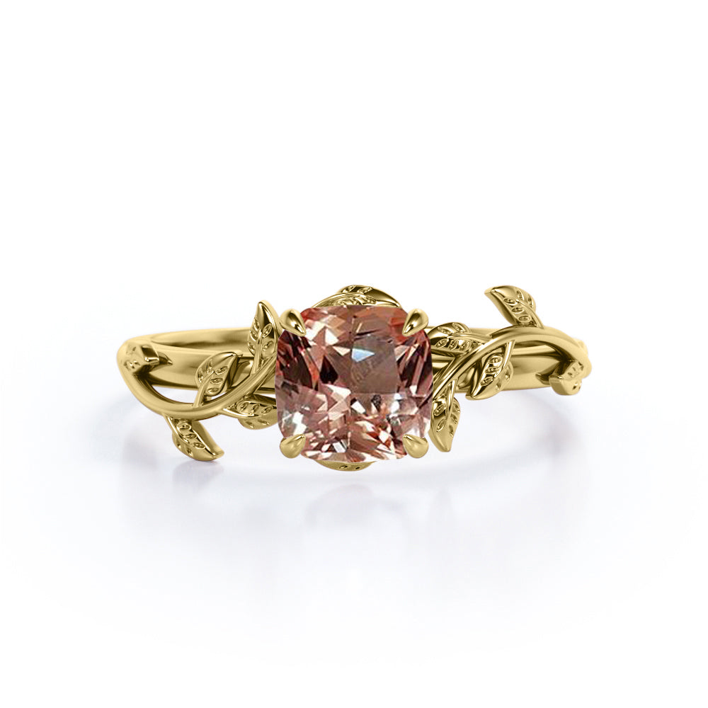Olive leaf inspired 1 carat Cushion cut Peach pink Morganite vine engagement ring in White gold