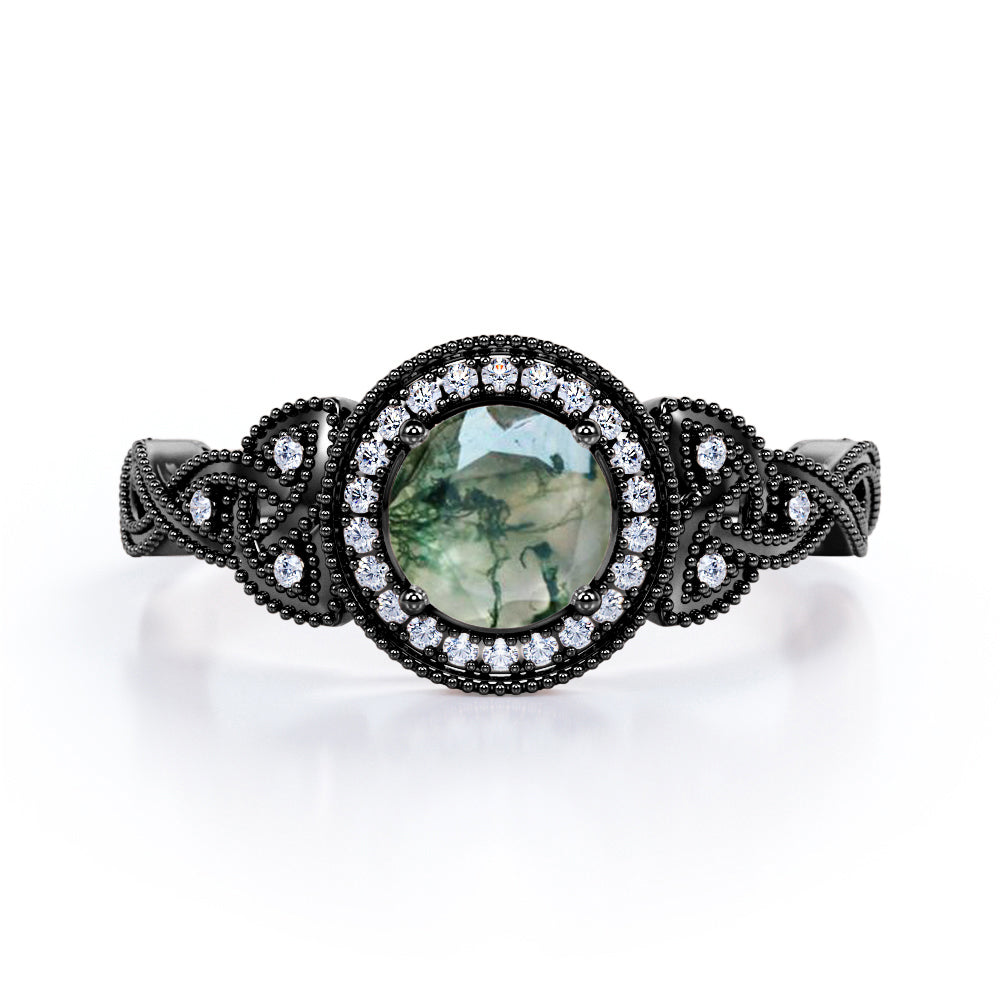 1.5 carat Round cut floral rope design Moss Green Agate and diamond halo engagement ring in Rose gold