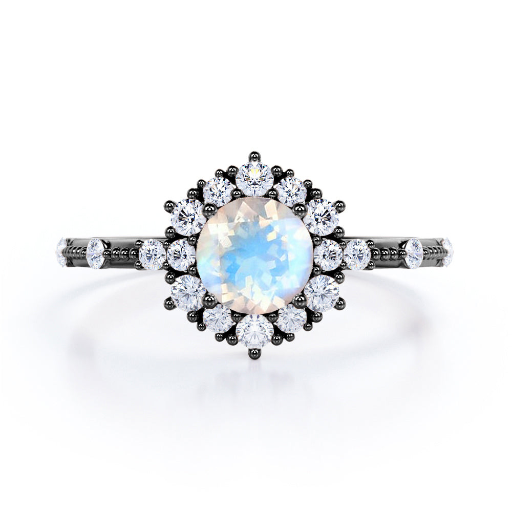 Statement 1.5 carat Round cut Blue Moonstone and diamond snowflake engagement ring in White gold