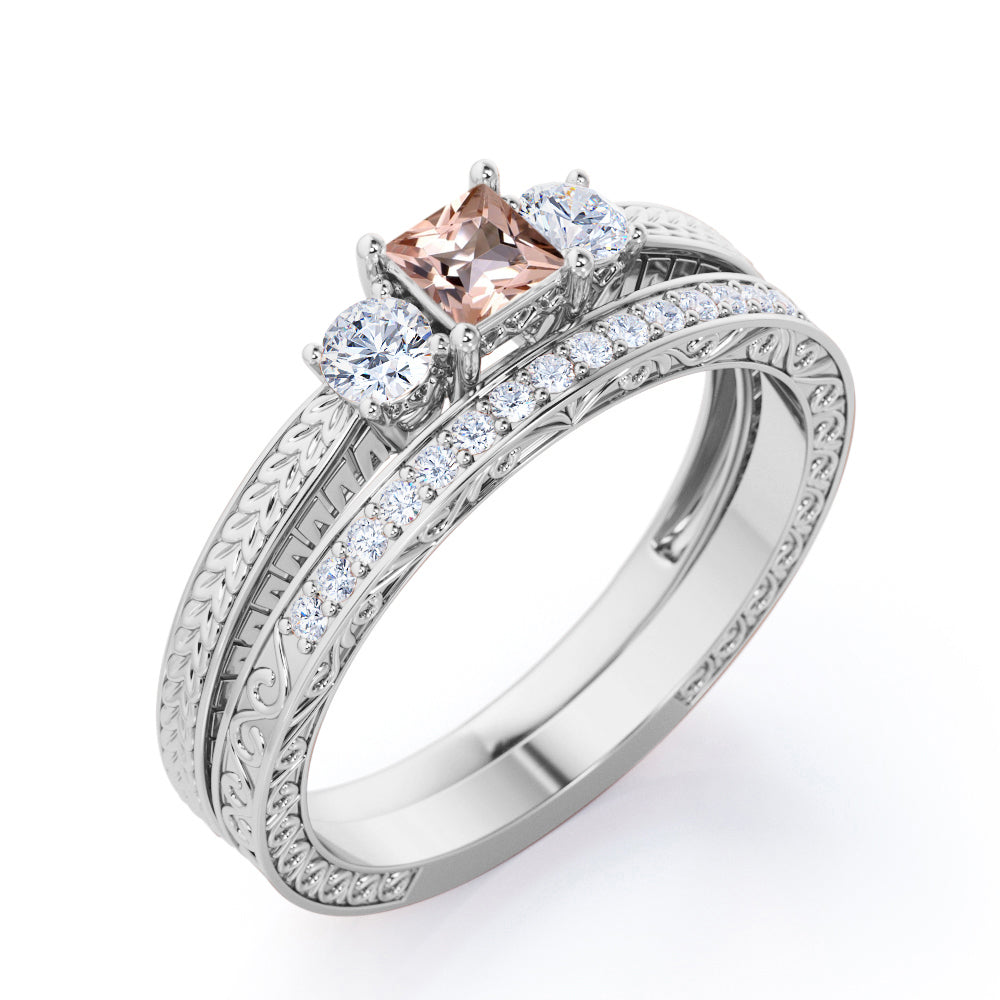 Eccentric Trilogy 1.35 carat Princess cut Pink Morganite and round pave diamond Filigree engraved-Bridal set for women