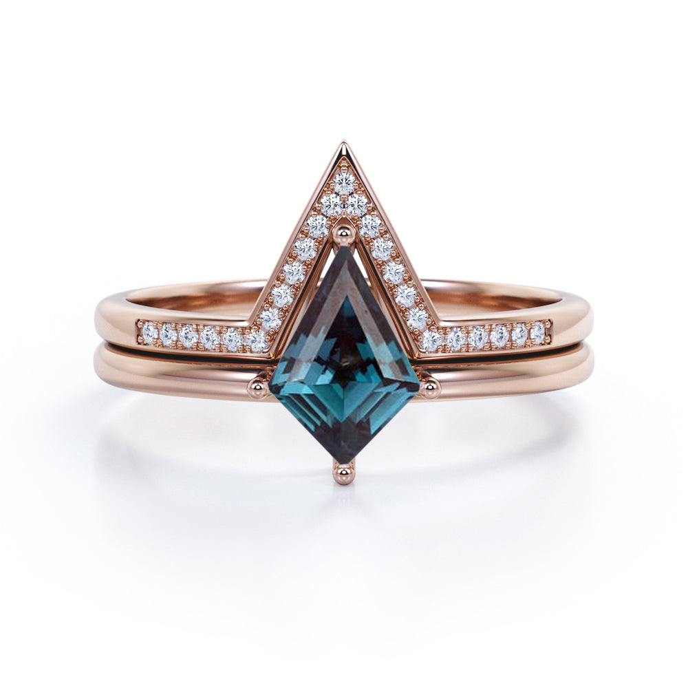 Solitaire Prong 1.25 carat Kite shaped Lab created Alexandrite and diamond contoured wedding ring set in White gold