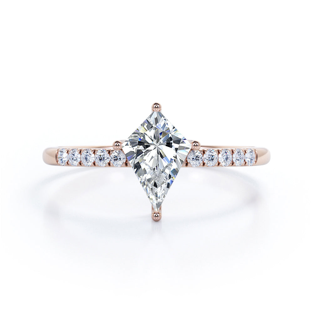 Pave style 1.1 carat Kite shaped Moissanite and diamond classic style engagement ring in white gold