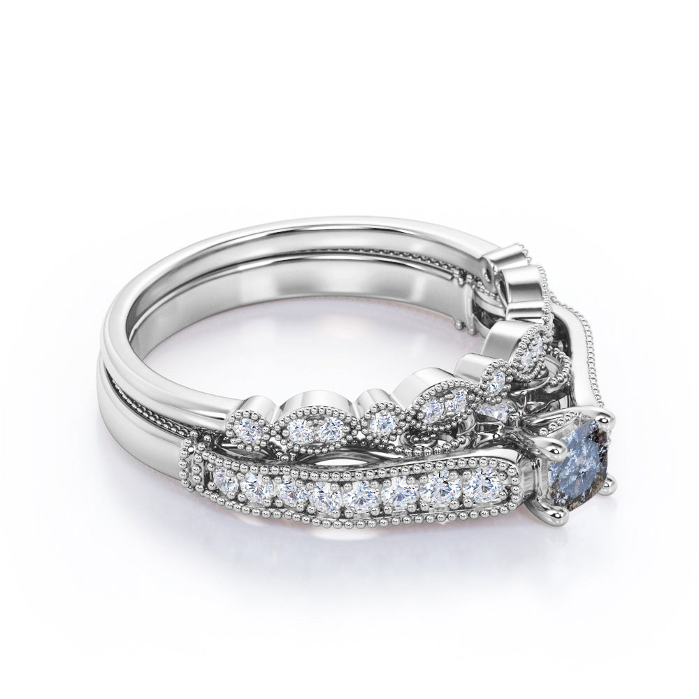 Exquisite Bead décor 0.8 carat Round cut Salt and pepper diamond and white diamond art deco bridal set for her in rose gold