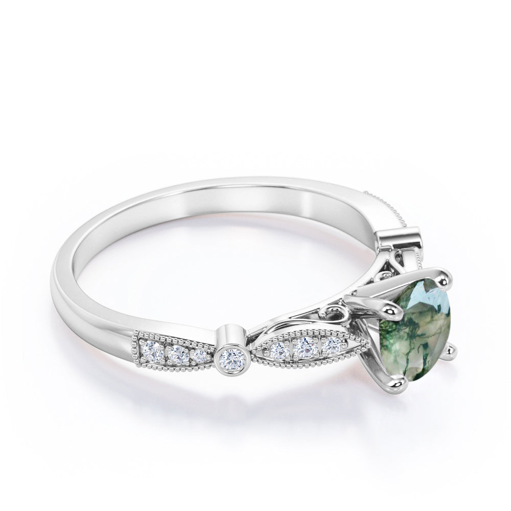 Art deco Cathedral 1.2 carat Round cut Moss Green Agate and diamond bead décor engagement ring in Rose gold