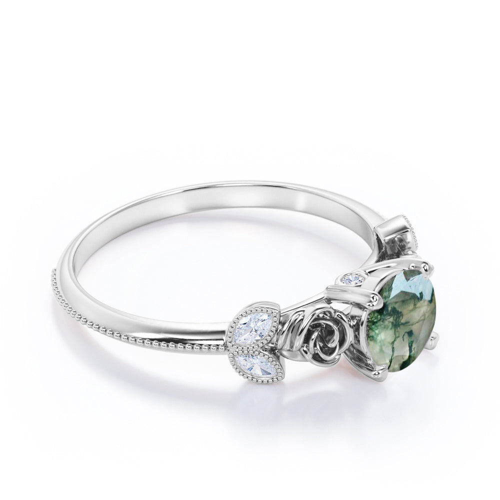 Rose ring-1.15 carat Round cut Moss Green Agate and diamond marquise milgrain engagement ring in Black gold