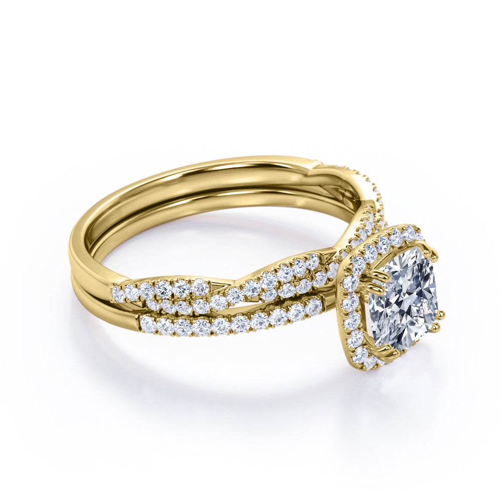 Elegant 1.65 carat Cushion cut Moissanite and diamond art deco wedding ring set for women in gold