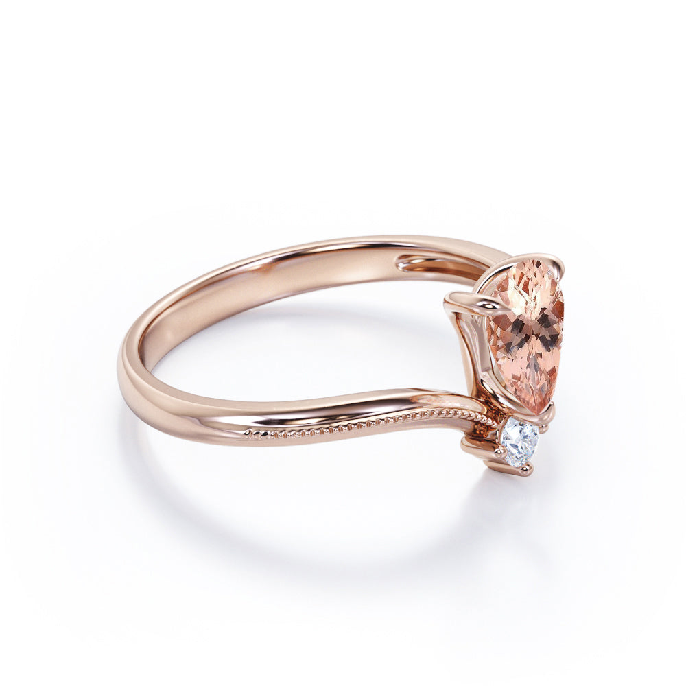 V-shape 1 carat Tear drop Morganite and diamond Milgrain engagement ring in White gold