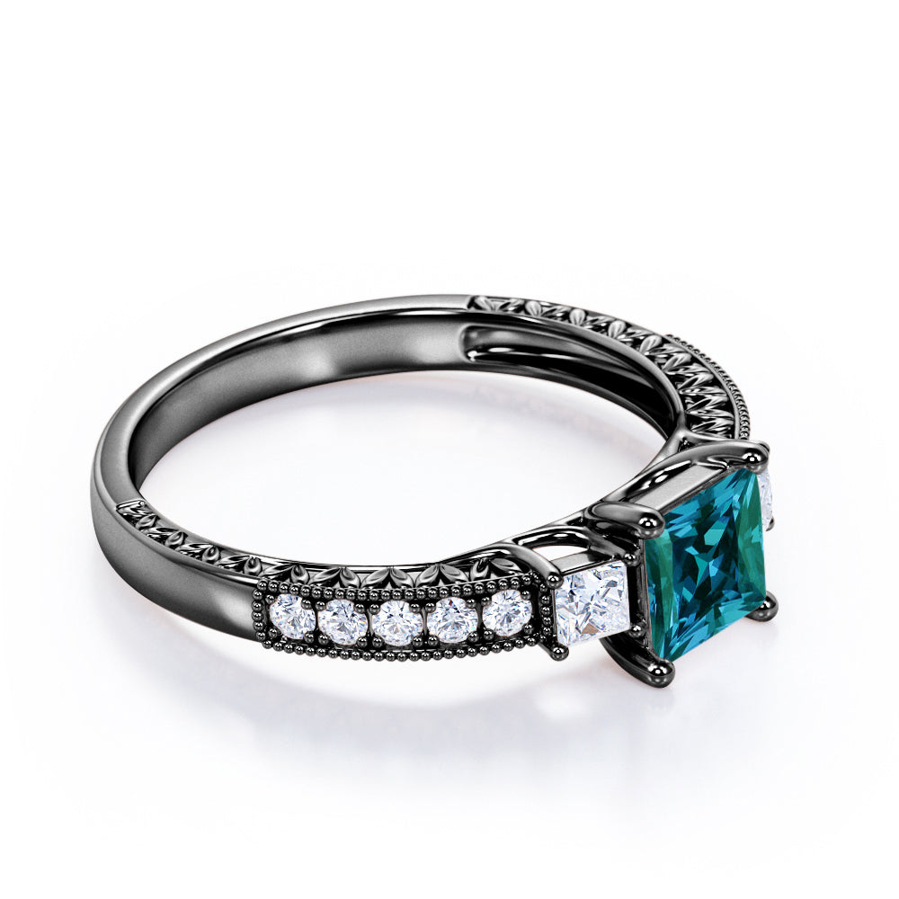 Milgrain Trilogy 1.25 carat Princess cut Alexandrite and diamond antique art deco engagement ring in Rose gold