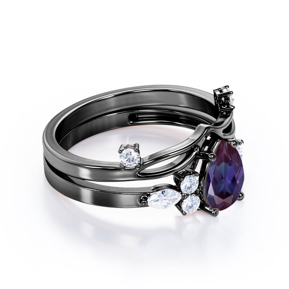 Crown inspired 1.15 carat Pear shaped Synthetic Alexandrite and diamond split shank setting-chevron wedding ring set in Rose gold