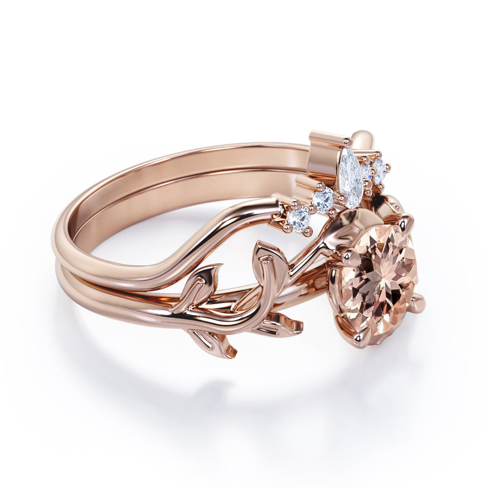 Chevron Tiara 1.1 carat Round cut Peach Morganite and diamond nature inspired wedding ring set for women in White gold