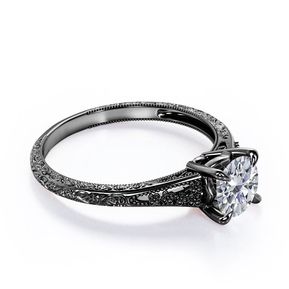 Floral art inspired 1 carat Round cut Moissanite split shank engagement ring in Rose gold