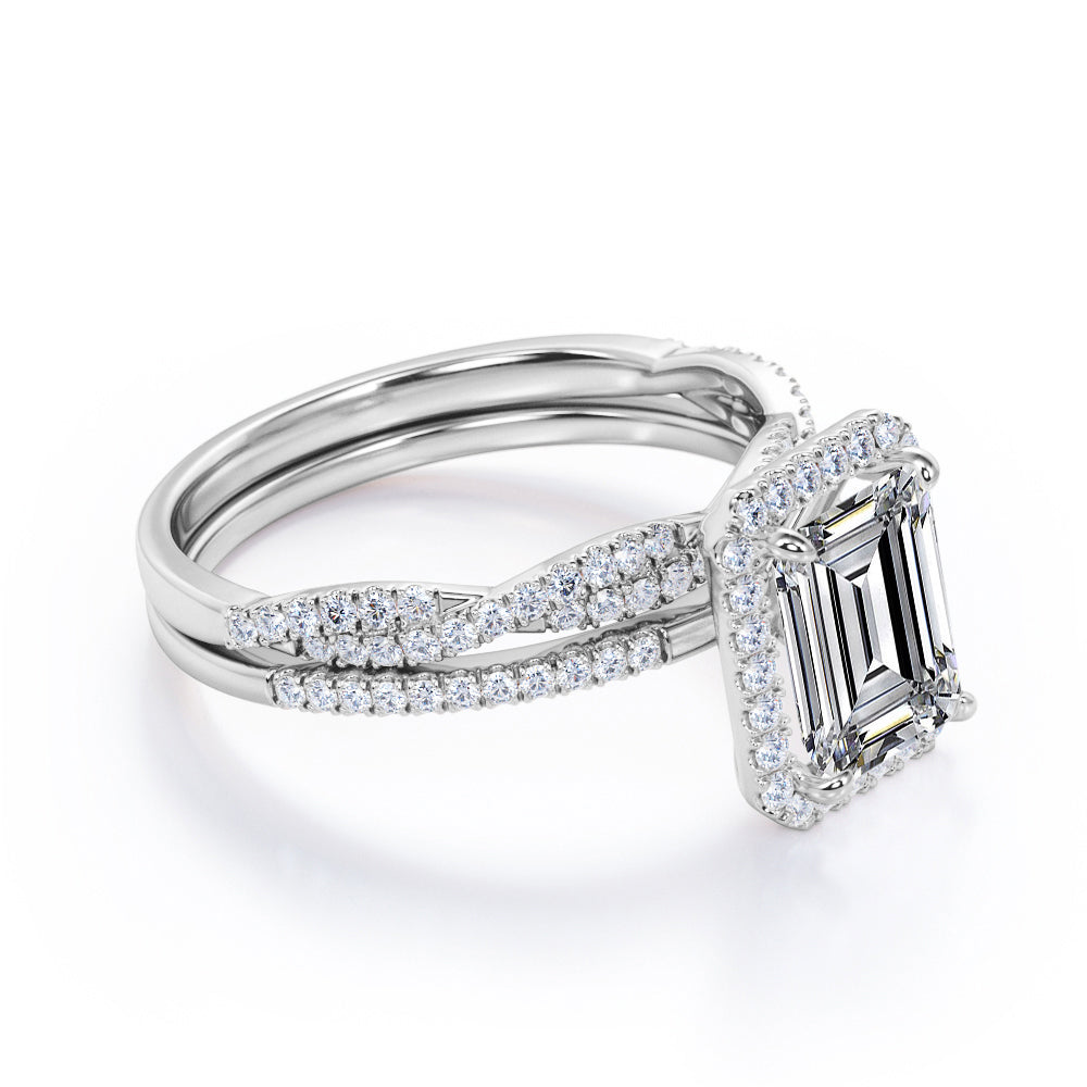 Unique pave set 1.7 carat Emerald cut Moissanite and diamond Halo wedding ring set in white gold