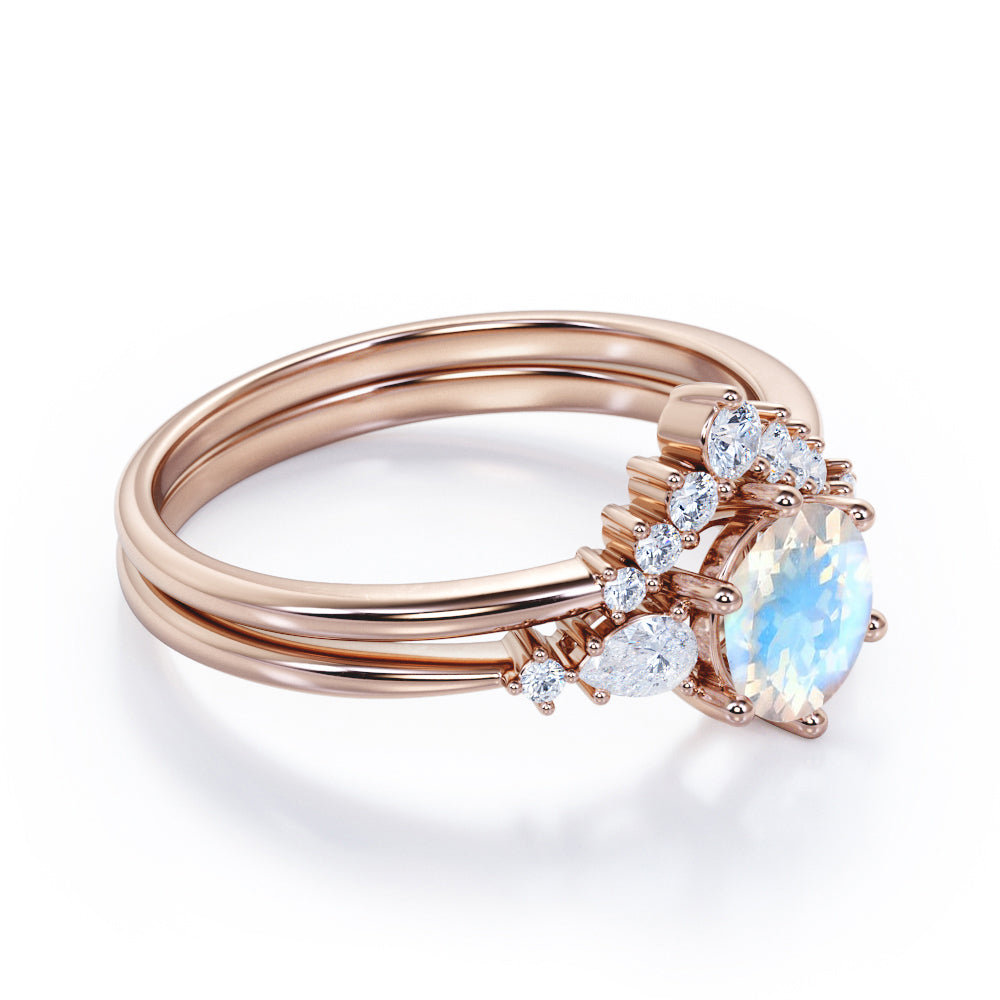 Antique Chevron 1.4 carat Round cut Blue Moonstone and diamond tapered style Bridal set for women in Black gold