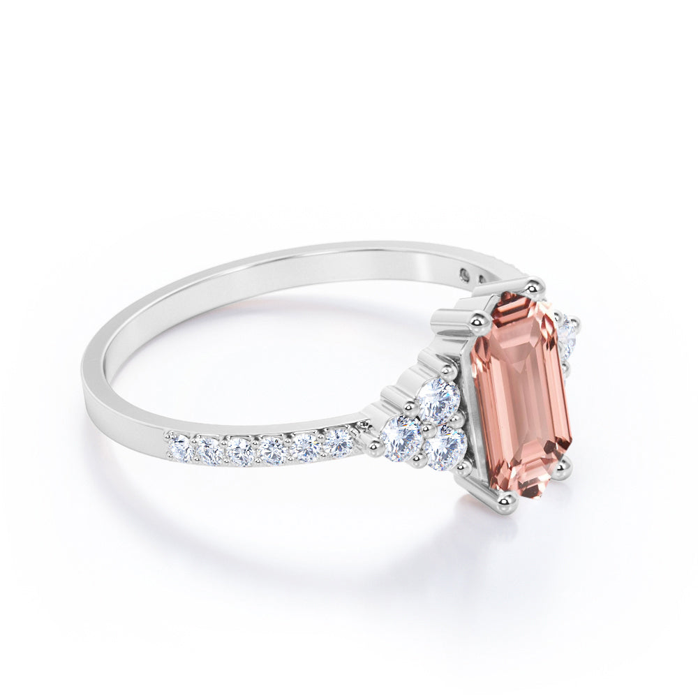 Elongated 1.5 carat Hexagon shaped Morganite and diamond pave eternity engagement ring in Black gold