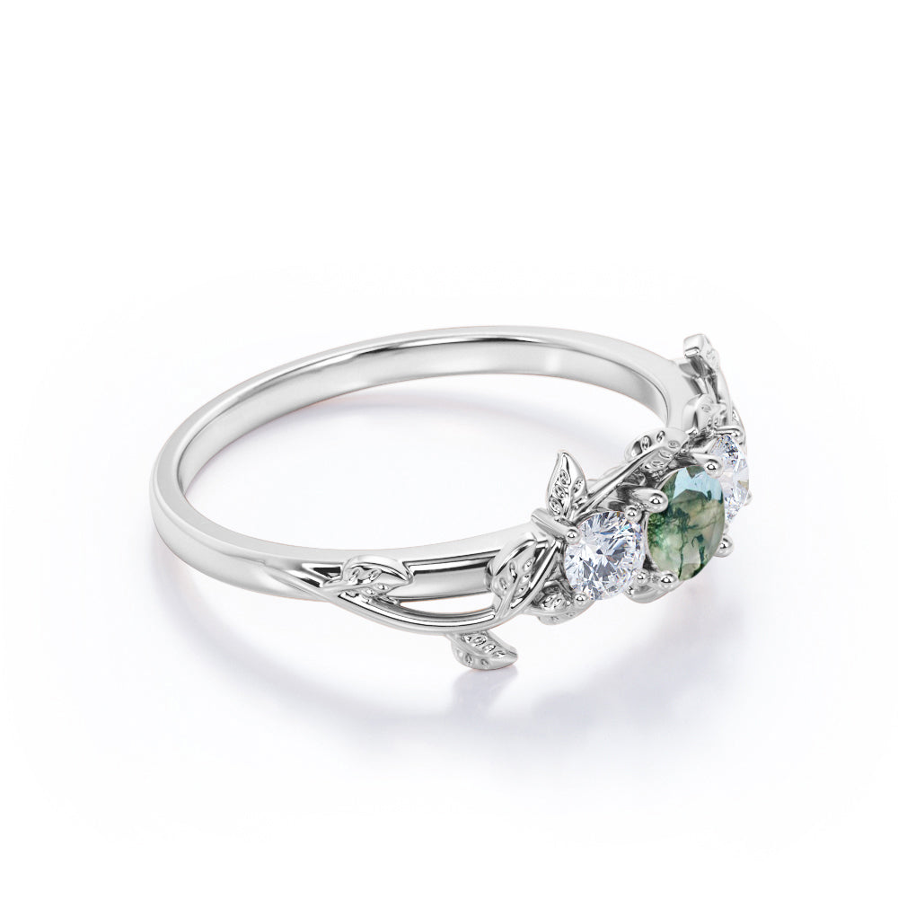 Nature inspired Trilogy 0.65 Round cut Moss Green Agate and diamond Anniversary ring for women in White Gold - Engagement ring