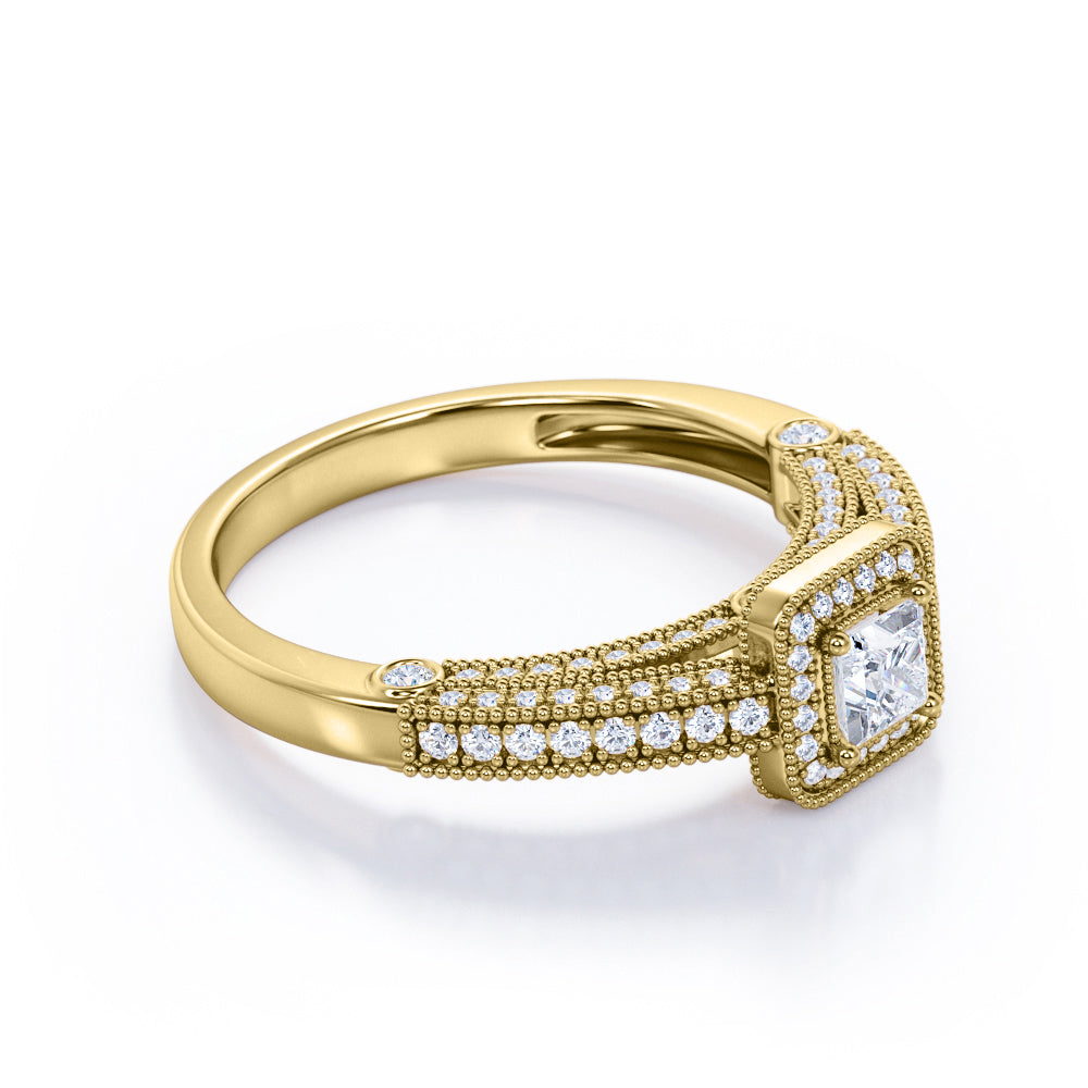 Classic Beaded 1 carat Princess cut Moissanite and diamond vintage style engagement ring in White gold