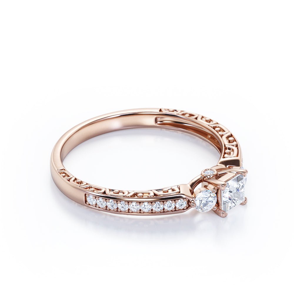 Bridge accent setting 0.75 carat Princess cut Moissanite and diamonds three stone engagement ring in White gold