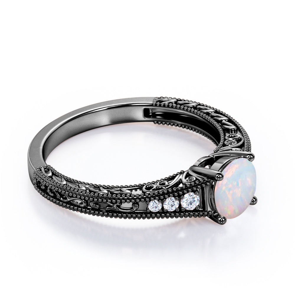 Victorian style inspired 1 carat Round cut Opal and diamond-filigree and milgrain-art deco engagement ring in White gold