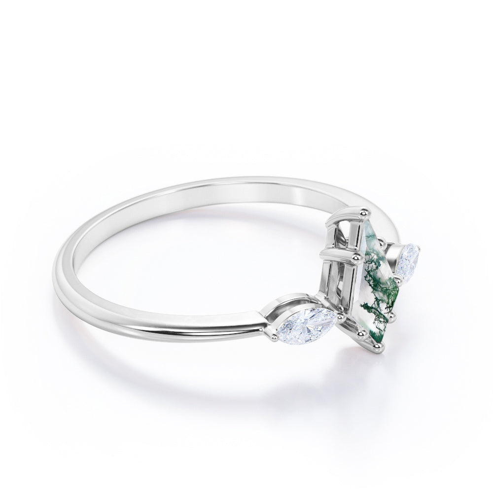 Modern Trinity 1.15 carat Kite shaped Moss Green Agate and marquise diamond tapered shank engagement ring in Black gold