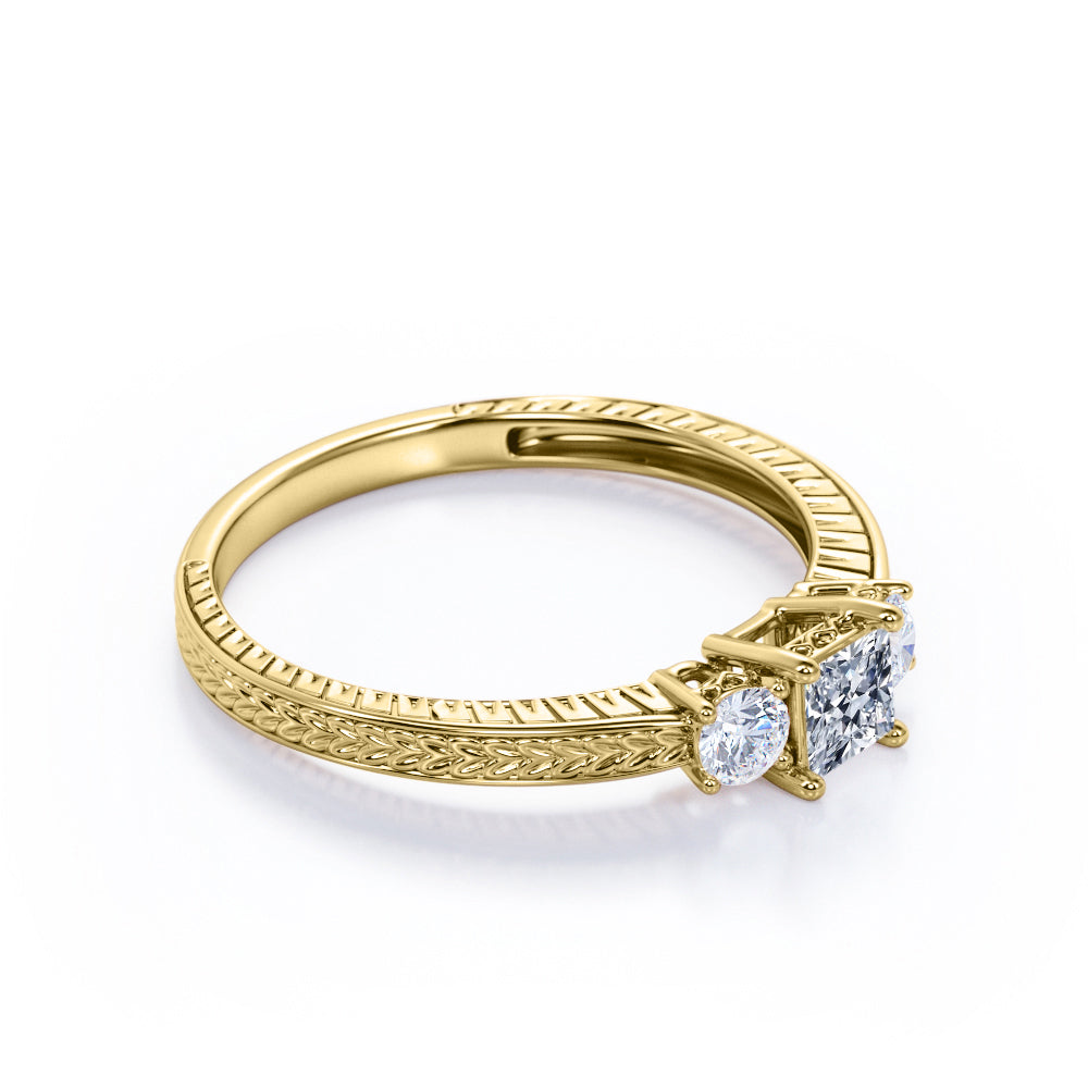 Past, Present and Future 1.1 carat Princess cut Moissanite and diamond Basket set - Filigree wedding ring set for women in gold