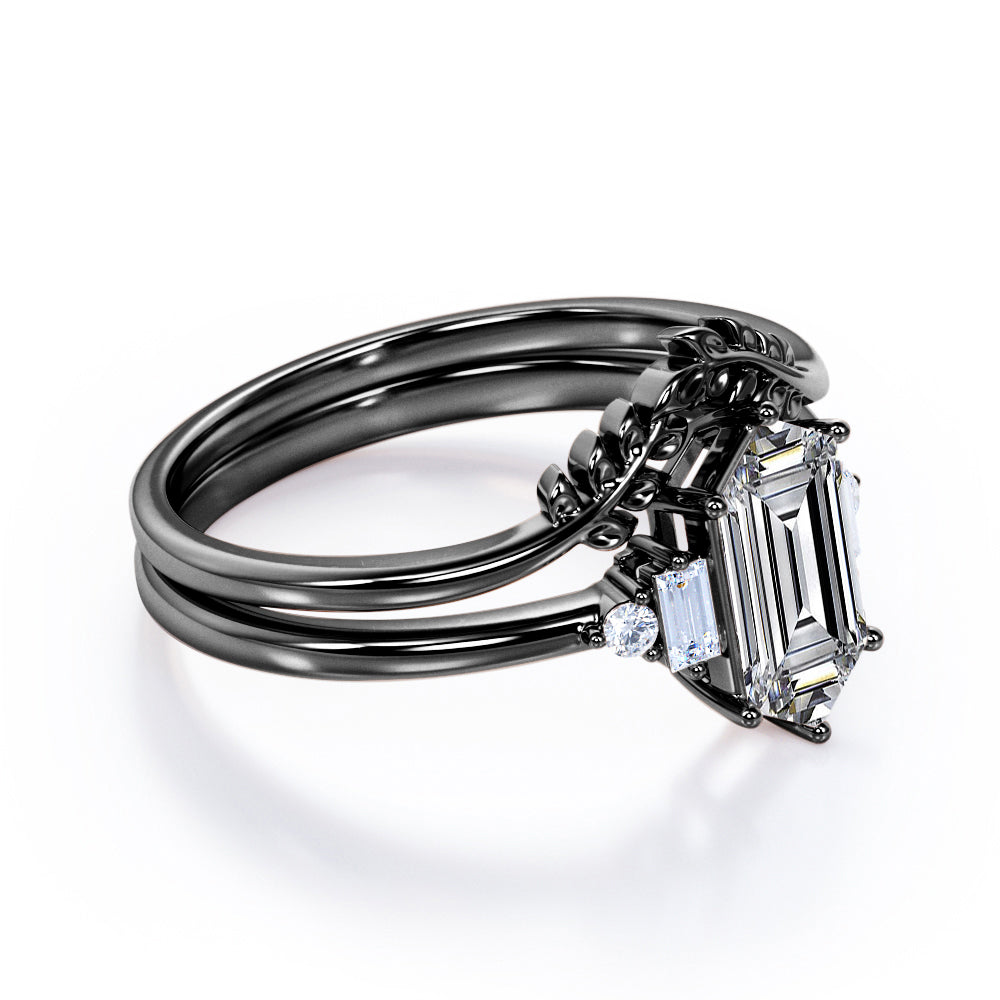Vintage leaf design 1.1 carat Hexagon shaped Moissanite and diamond wedding ring set for women in Black gold