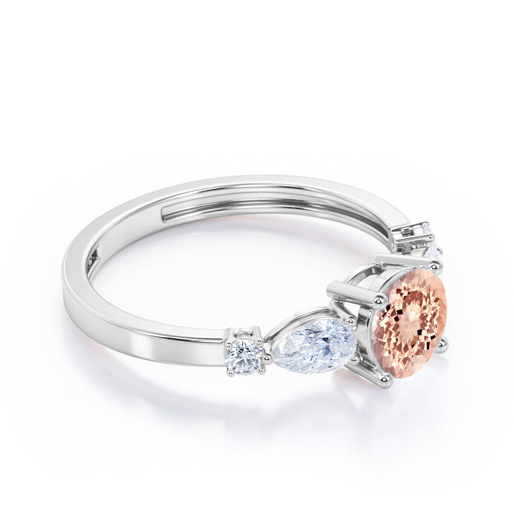 5 lucky stones 1.2 carat Round cut Peach Morganite and diamond antique engagement ring in Rose gold