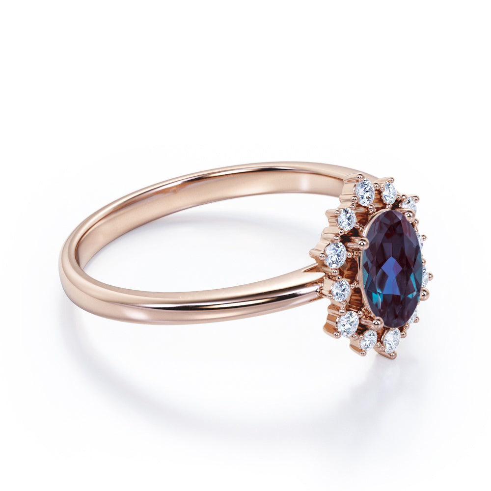 Snowflake Cluster 1.25 carat Oval shaped Alexandrite and diamond floral halo engagement ring in Black gold