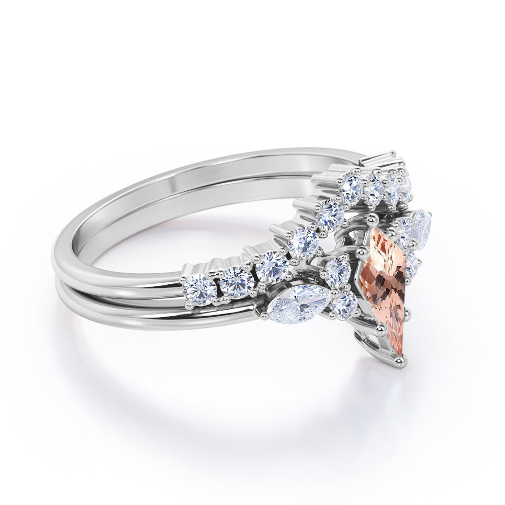 Garland Chevron 1.45 carat Kite shaped Peach Morganite and diamond 6 prong Bridal wedding ring set for women in Yellow gold