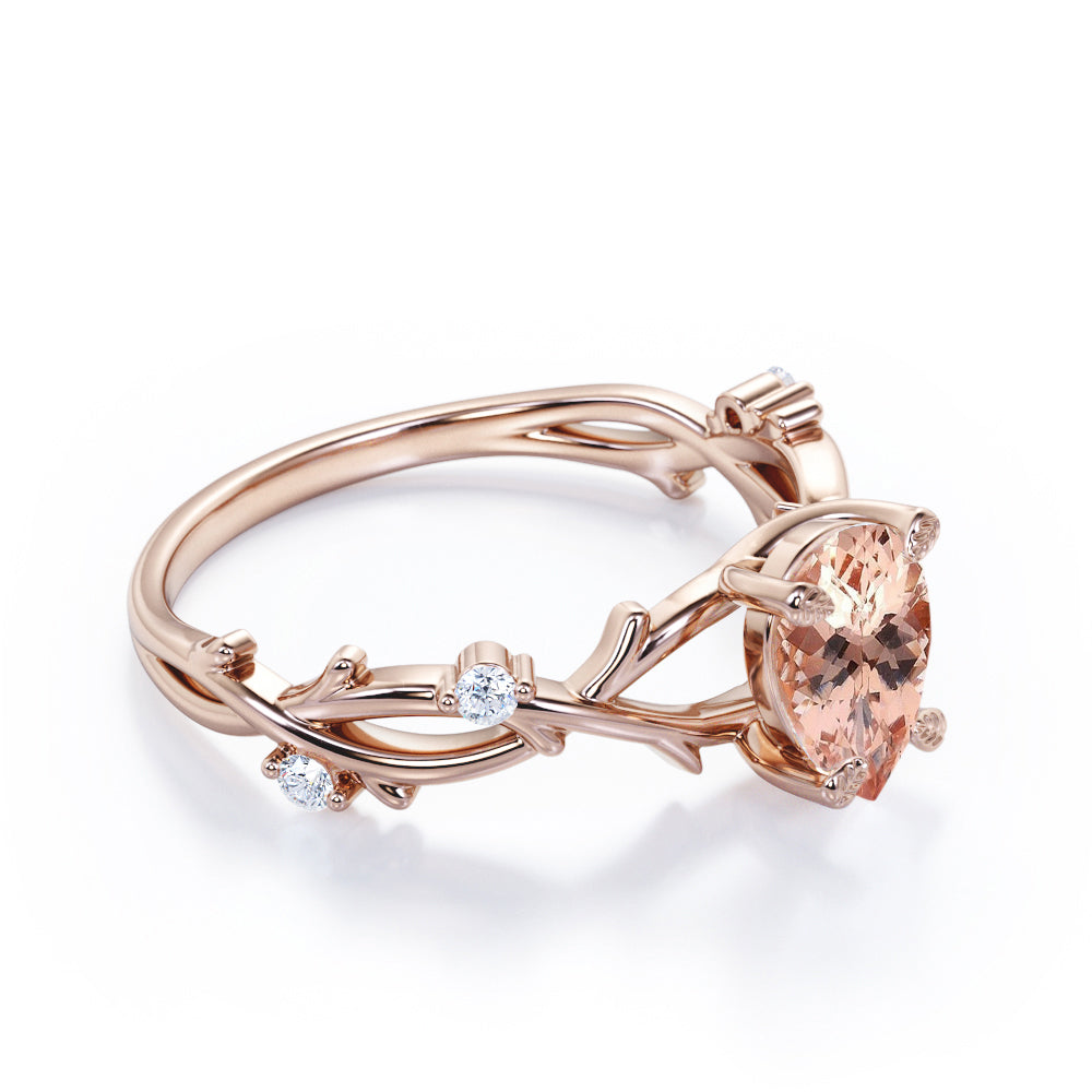 Delicate Twig and Vine 1.1 carat Pear Shaped Morganite and diamond forest ring-earthy engagement ring in White gold