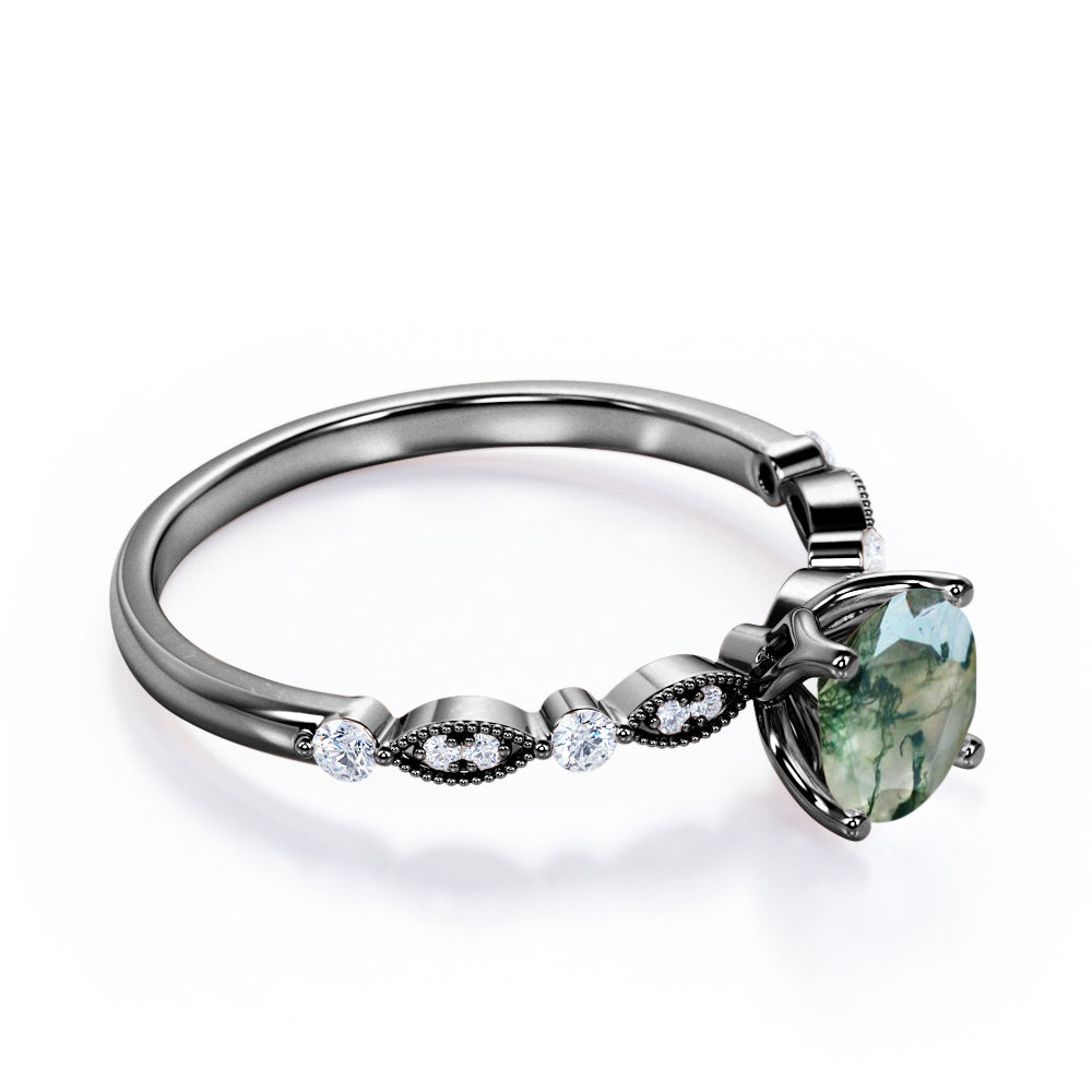 Classic art deco 1.1 carat Round cut Moss Green Agate and diamond engagement ring in White gold