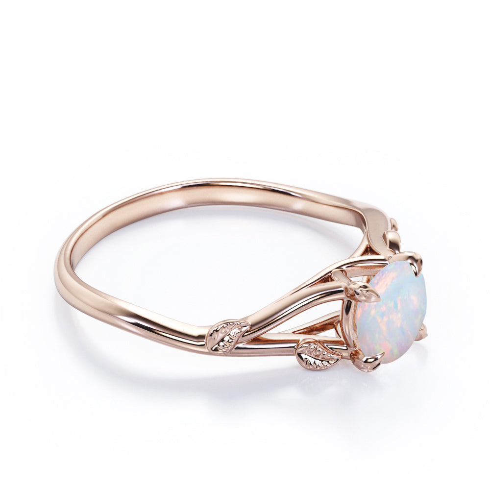 Nature inspired 1 carat Round cut Australian Opal dainty twig and vine engagement ring in White gold
