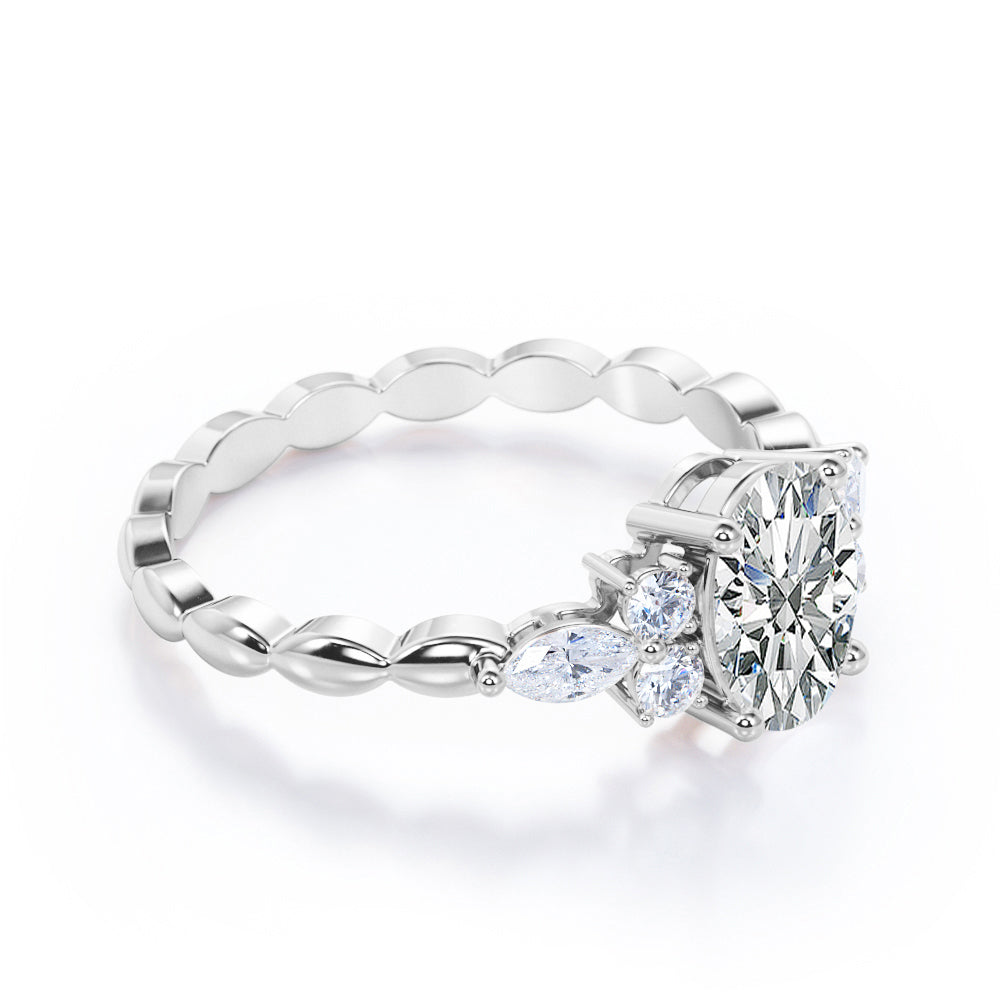 Exquisite Scalloped 1.1 carat Oval cut Moissanite diamond seven stone engagement ring in Rose gold