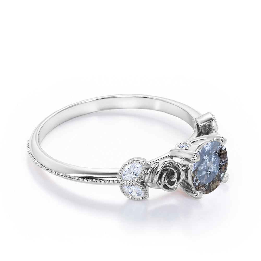 Vintage Flower 0.6 carat Round cut Salt and pepper diamond and White diamond marquise milgrain engagement ring in Black gold