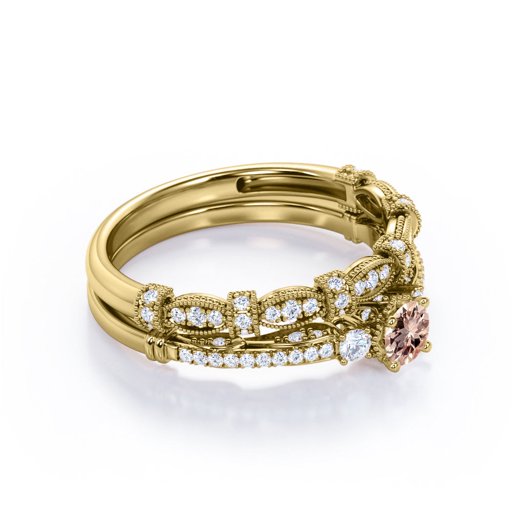Artistic 1 carat Round cut Pink Morganite and diamond engraved art deco inspired wedding ring set in White gold