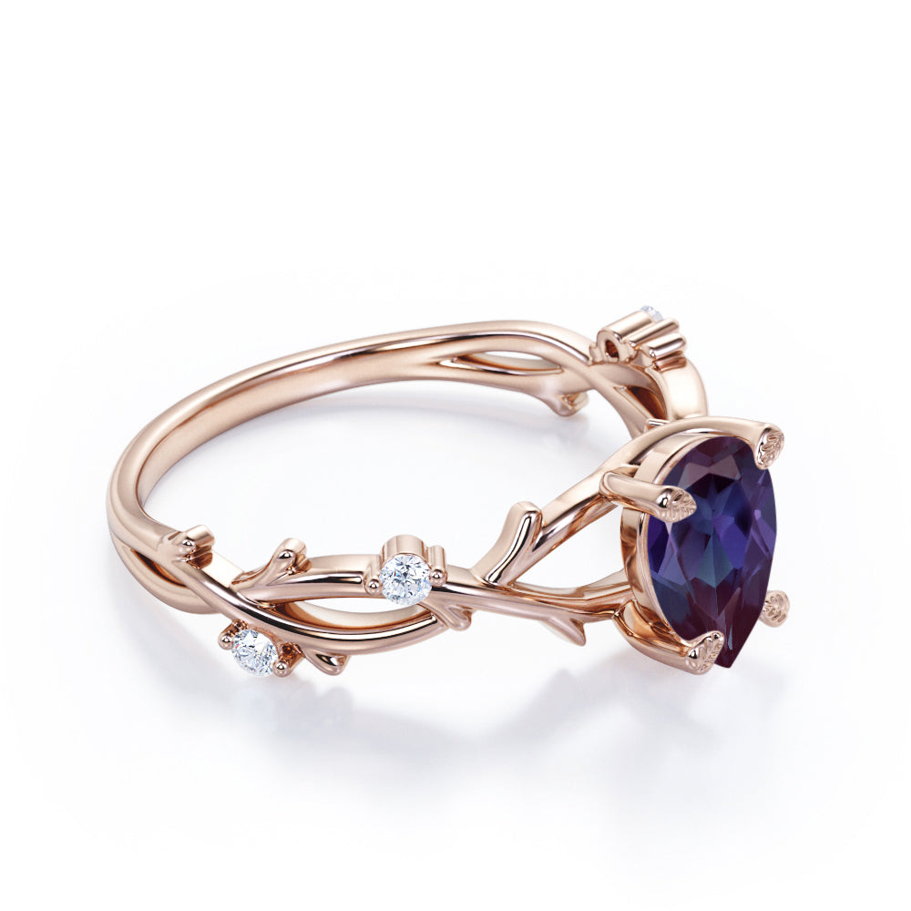 Modern Floral Branches 1 carat Pear shaped Alexandrite and diamond engagement ring for women in Black gold