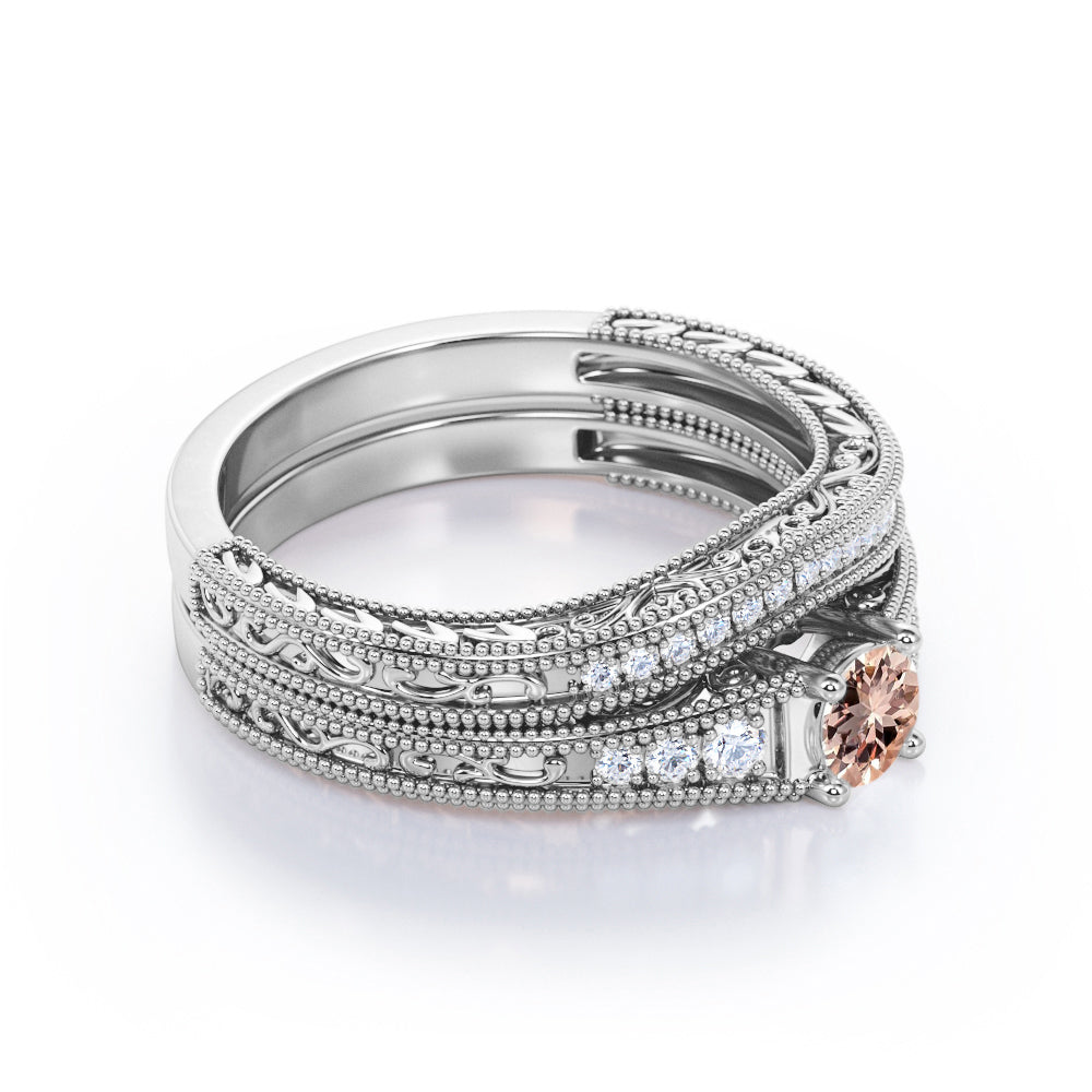 Contoured Milgrain 0.75 carat Round cut Peach Morganite and diamond floral filigree Bridal set for women in Yellow gold