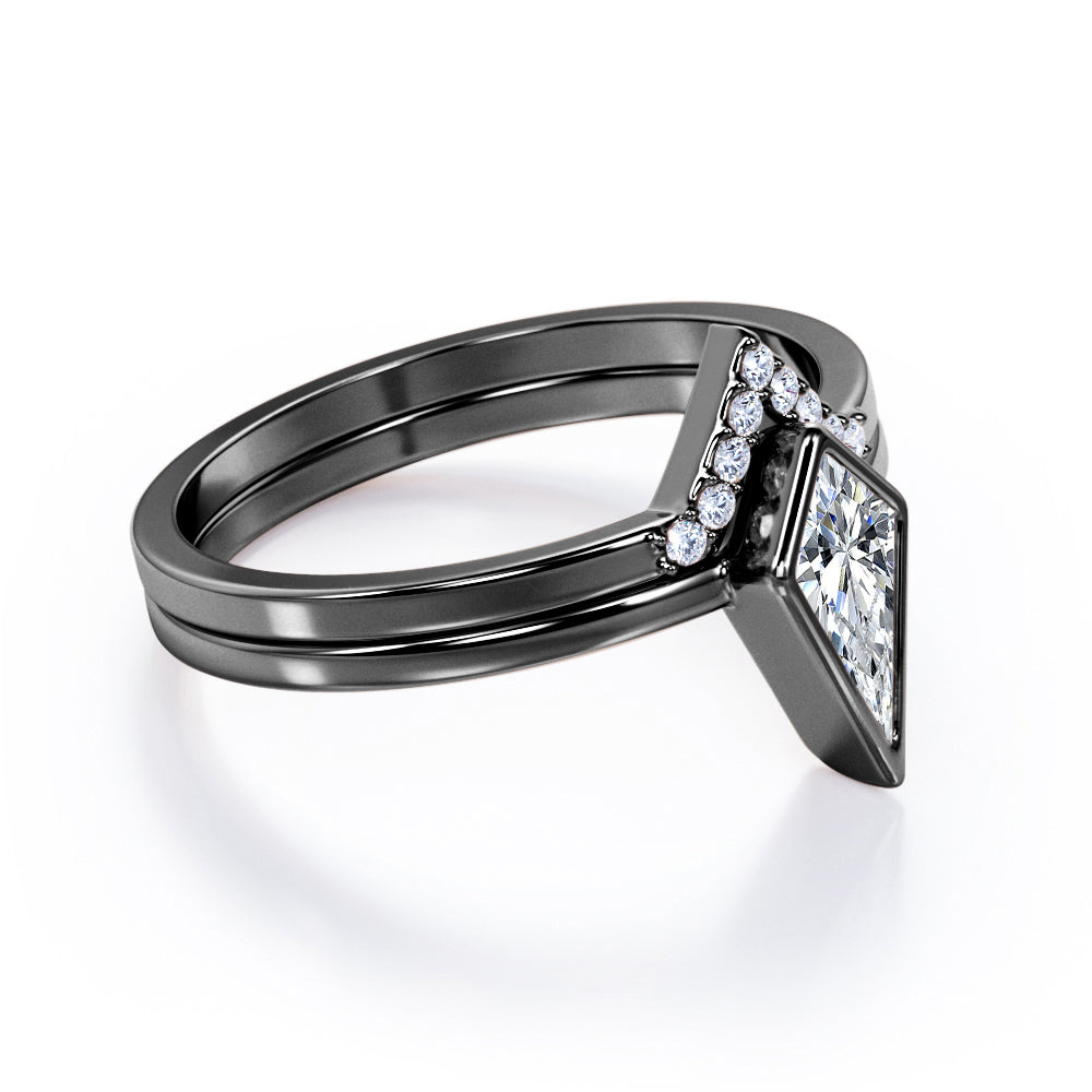 Chevron Bezel 1.1 Carat Kite shaped Moissanite and diamond bridal set for women in White gold