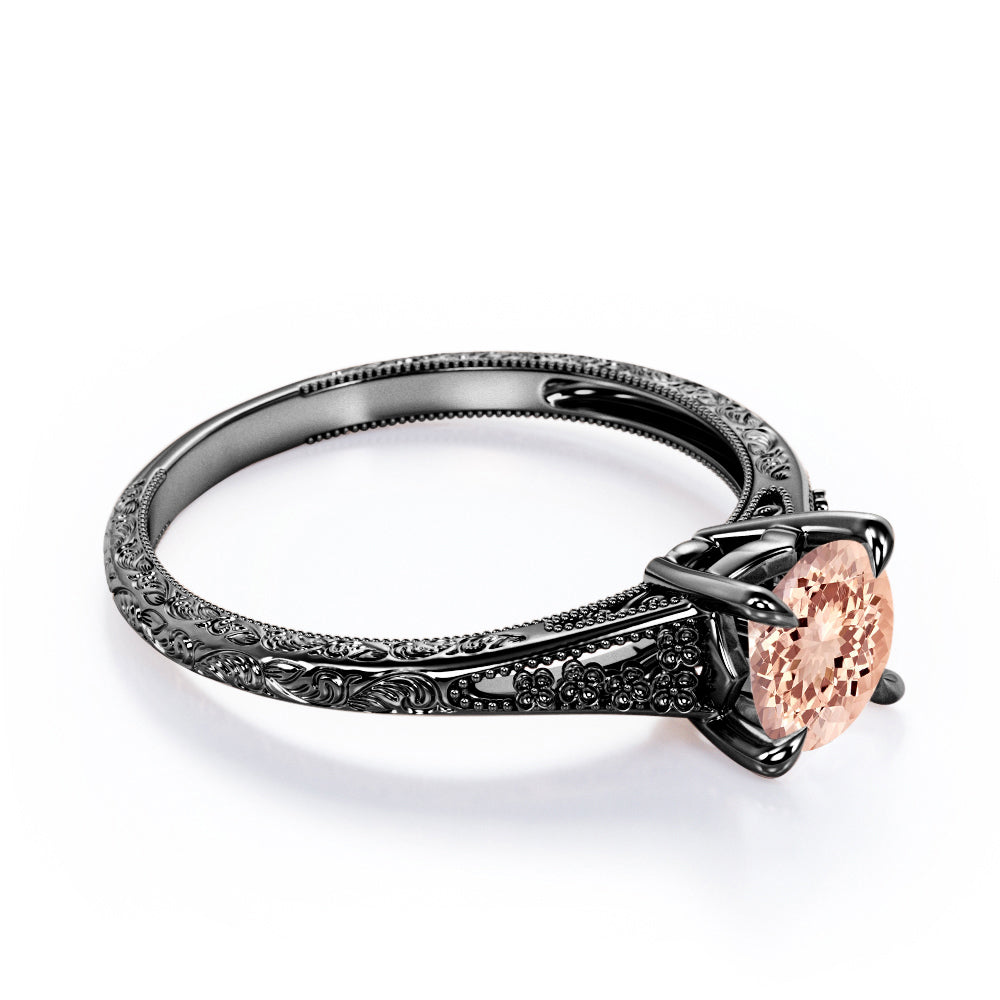 Filigree Split Shank 1 carat Round cut Pink Morganite nature inspired engagement ring in White gold