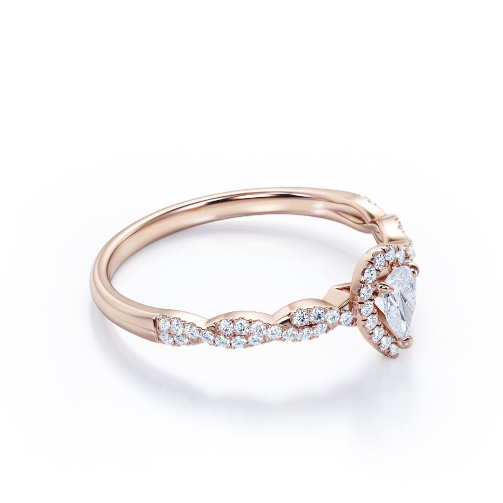 Infinity twist 0.5 carat Pear shape diamond vintage halo engagement ring in white gold-Promise ring