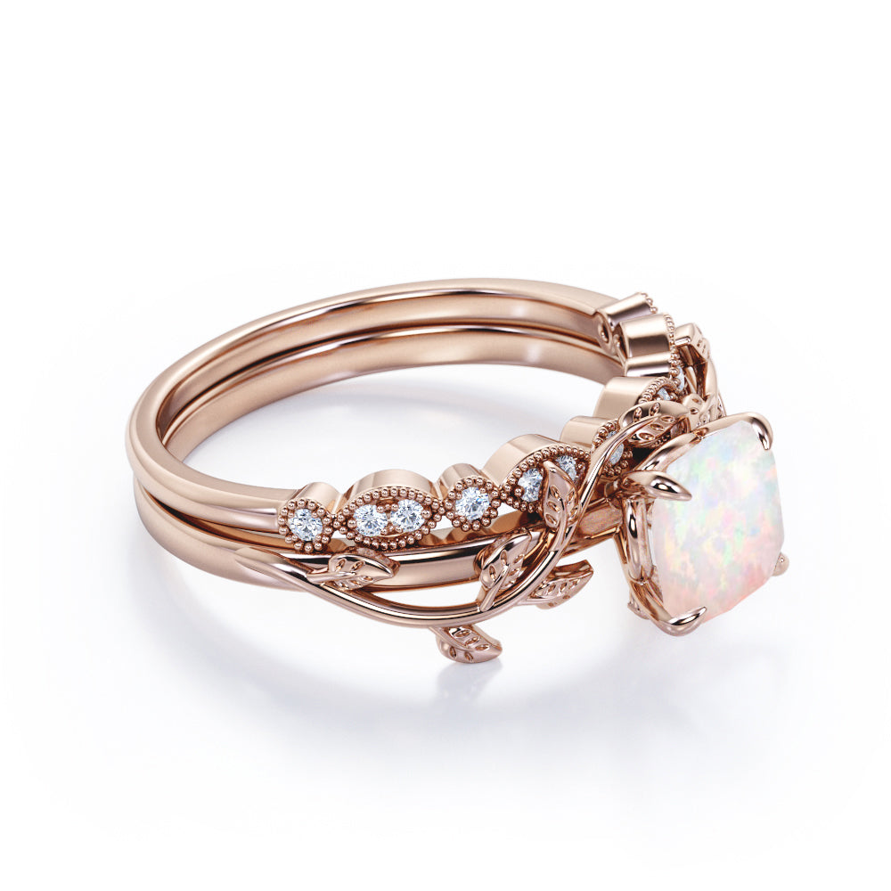 Branch-leaf inspired 1.15 carat Cushion cut Fire Opal and diamond Milgrain Wedding ring set in gold