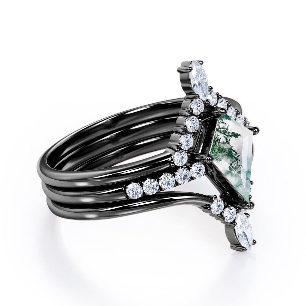 Eccentric Chevron style 1.4 carat Kite shaped Moss Green Agate and diamond trio wedding ring set for women in Rose gold