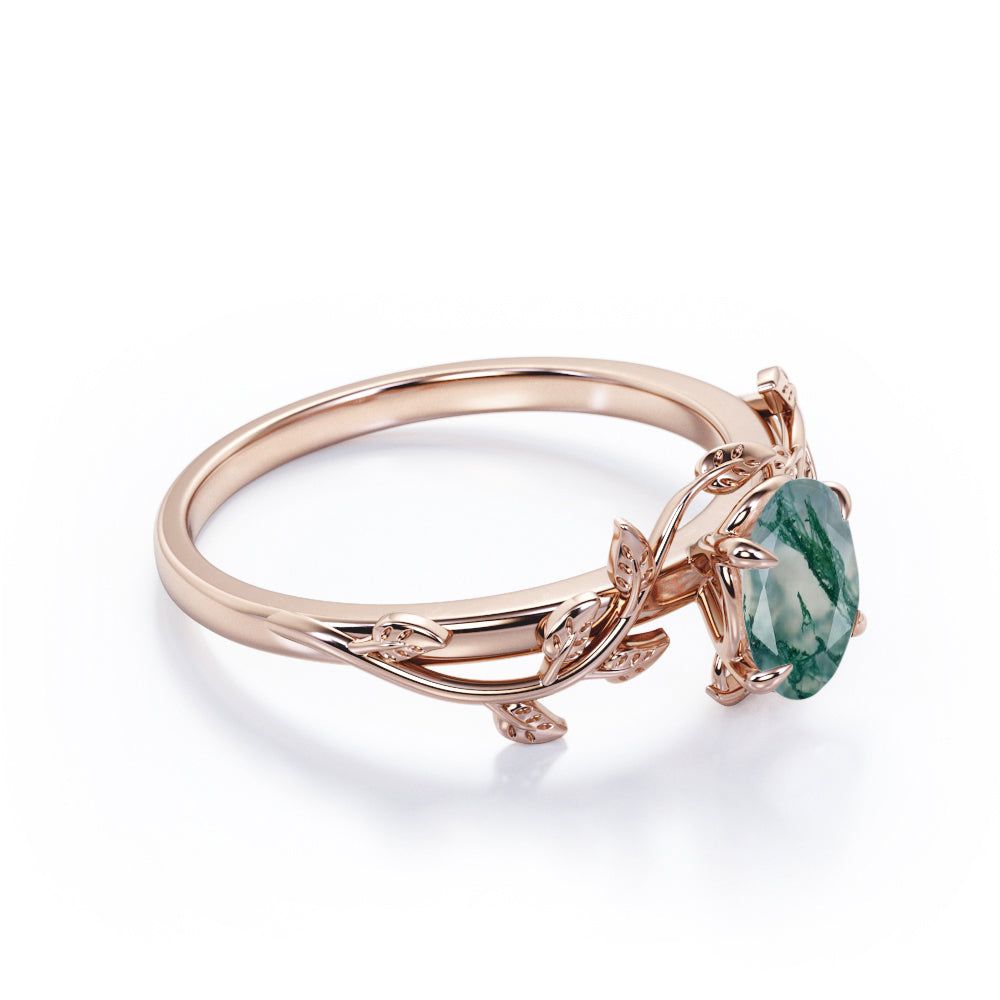 Stylish 1 carat Oval cut Moss Green Agate tree Branch Engagement ring for women in White gold - Promise ring