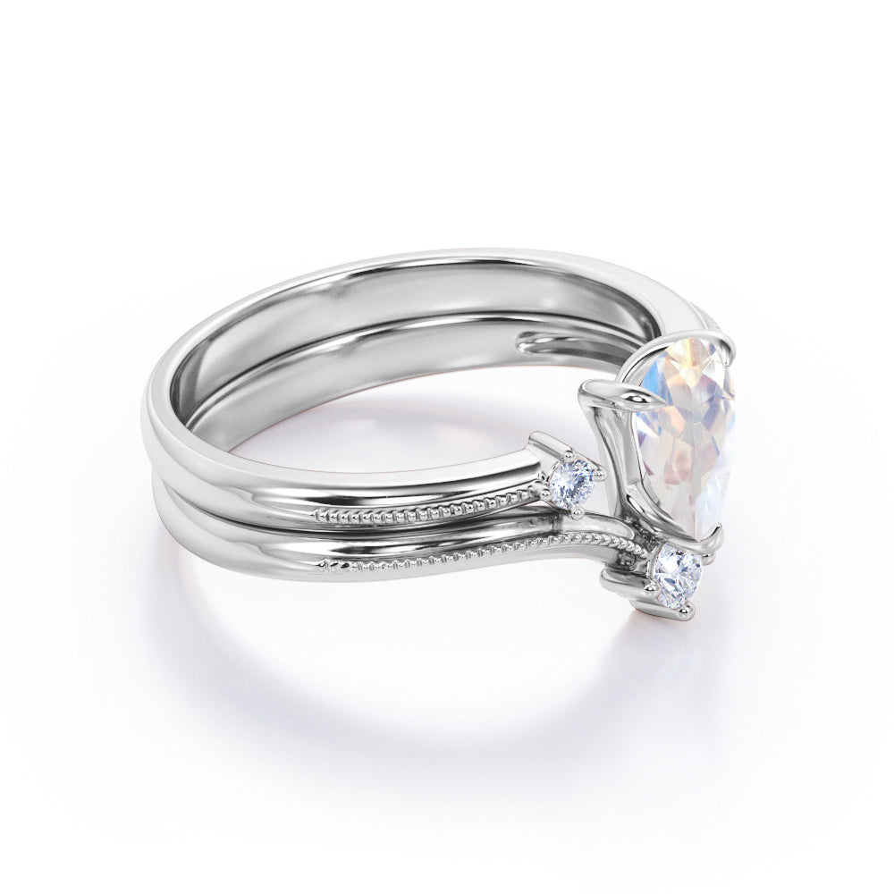 Chevron 1.1 carat V-shape Pear cut Moonstone and Diamond Milgrain Wedding ring set in White gold