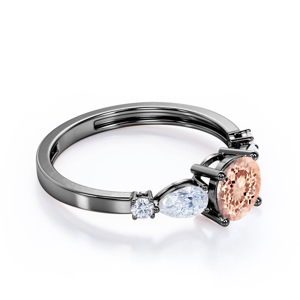5 lucky stones 1.2 carat Round cut Peach Morganite and diamond antique engagement ring in Rose gold